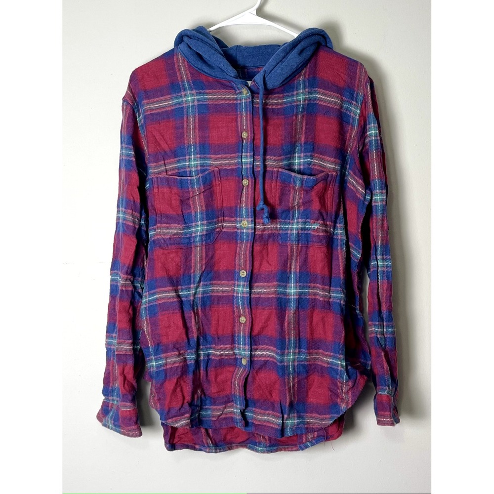 Women's American Eagle Outfitters BUTTON DOWN SMALL Hoodie PLAID RED‎ BLUE